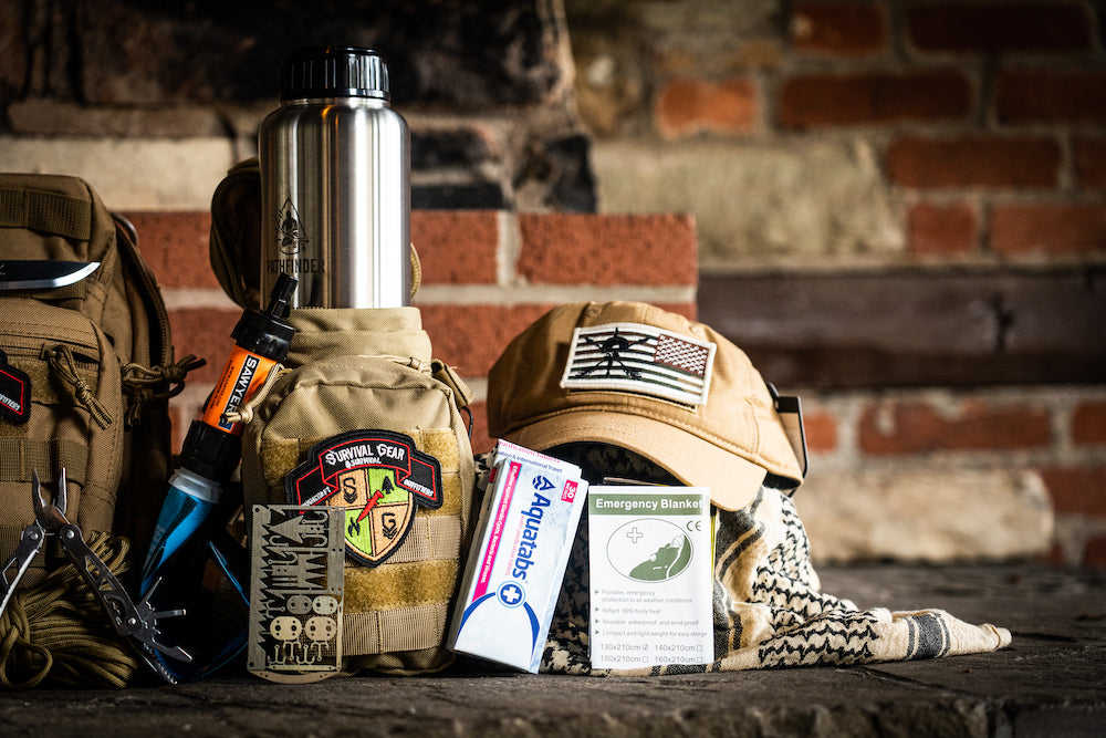 Coyote Survival Gear Kit  Sling Bag, Wazoo Cache Cap, Belt & Bushcraft  Tool – Survival Gear BSO